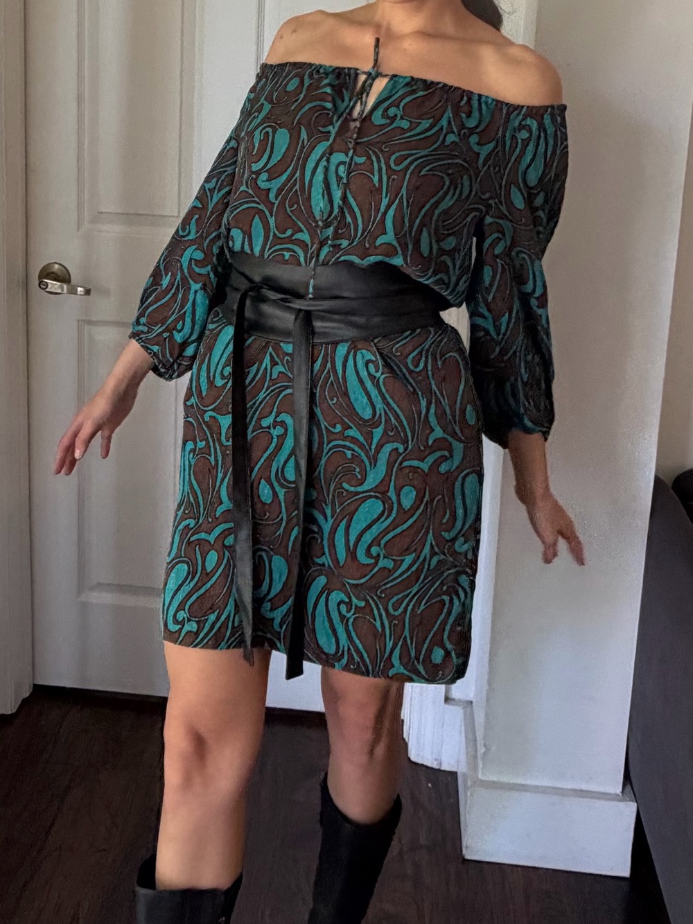 Y2K 100% Silk Abstract Trina Turk Brown and Blue Printed Mini Dress